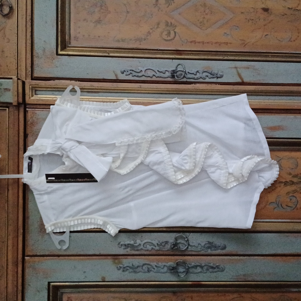 Dressy blouse size S, white with cream border, button down.